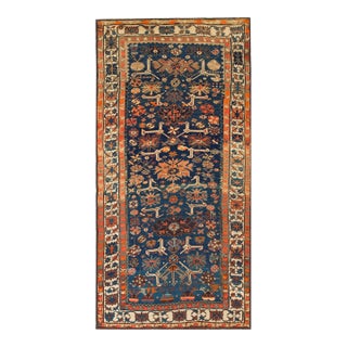 1900s Royal Blue Geometric Antique Caucasian Rug 4' 6" X 9' 8" Handknotted Wool Carpet For Sale
