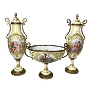 Early 20th Century Hand Painted French Porcelain & Ormolu Mounted 3 Piece Garniture Set