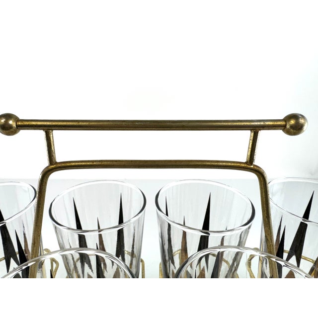 1960s 1960s Mid-Century Modern Atomic Black & Gold Highball Glasses With Brass Carrier - Set of 8 For Sale - Image 5 of 12