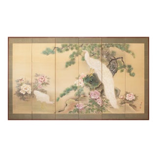 "White Peacock & Peony" by Ryumin, Large Vintage Japanese Painted Silk Byobu Screen For Sale