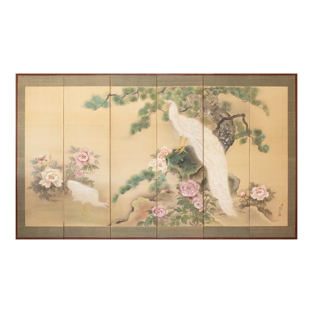 "White Peacock & Peony" by Ryumin, Large Vintage Japanese Painted Silk Byobu Screen For Sale