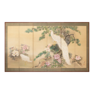"White Peacock & Peony" by Ryumin, Large Vintage Japanese Painted Silk Byobu Screen