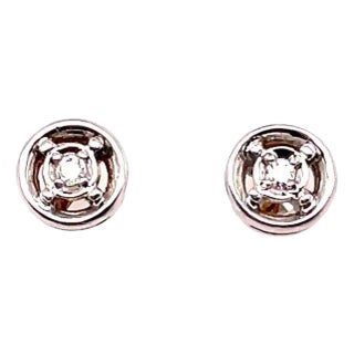 14 Karat White Gold With Round Diamond Post Earrings Double Circle Design For Sale
