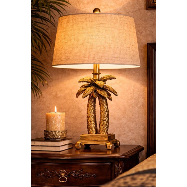 Late 20th Century Petite Tropical Palm Tree & Pineapple Table Lamps With Raffia Drum Shades – Palm Beach Coastal Regency Style, 16” H For Sale In Los Angeles - Image 6 of 10