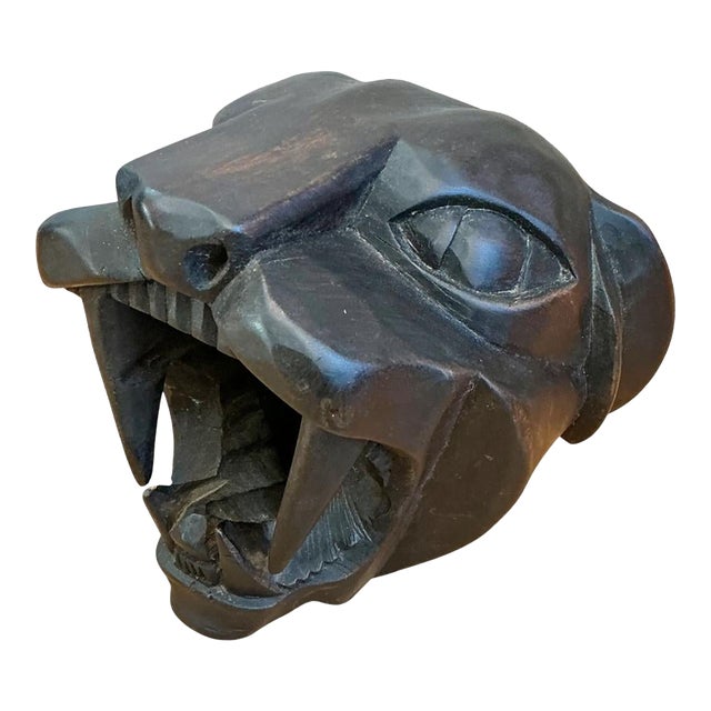 Vintage Hand-Carved Wooden Panther Head For Sale