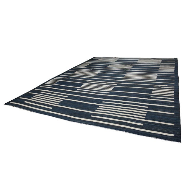 Mid-Century Modern Ariana Grand 11x16 Turkmen Maimana Handwoven Indigo Geometric Kilim | Chairish For Sale - Image 3 of 8