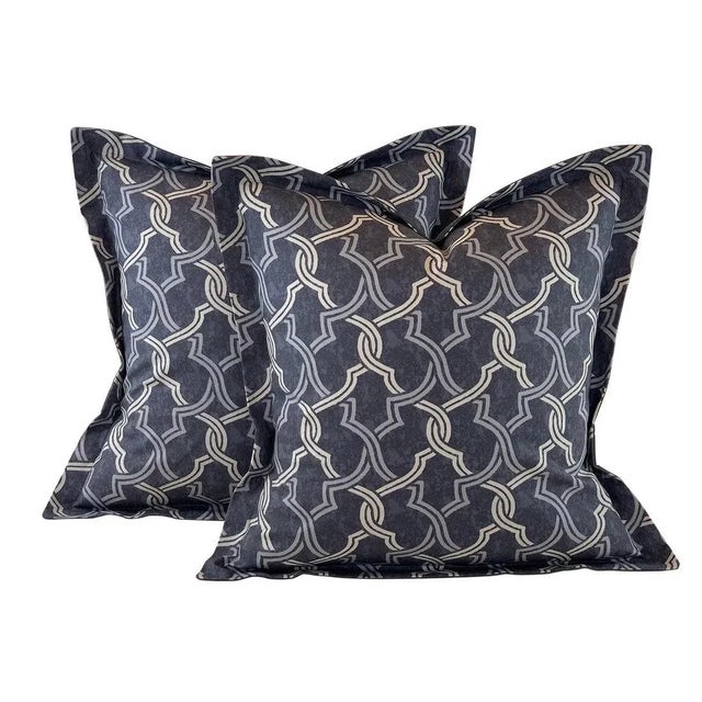 Designer P Kaufmann Waverly Gray & Ivory Fretwork Geometric Lattice Trellis Pillow Covers- Pair For Sale - Image 9 of 9