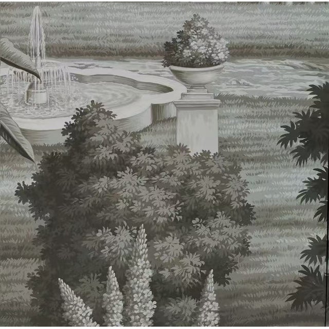 Not Yet Made - Made To Order 36" * H96" * 2ps, Hand-Painted Retro Grey Tone Manor Fountain Wall Mural, Vintage Chinoiserie Neoclassical Landscape Wall Cloth For Sale - Image 5 of 5