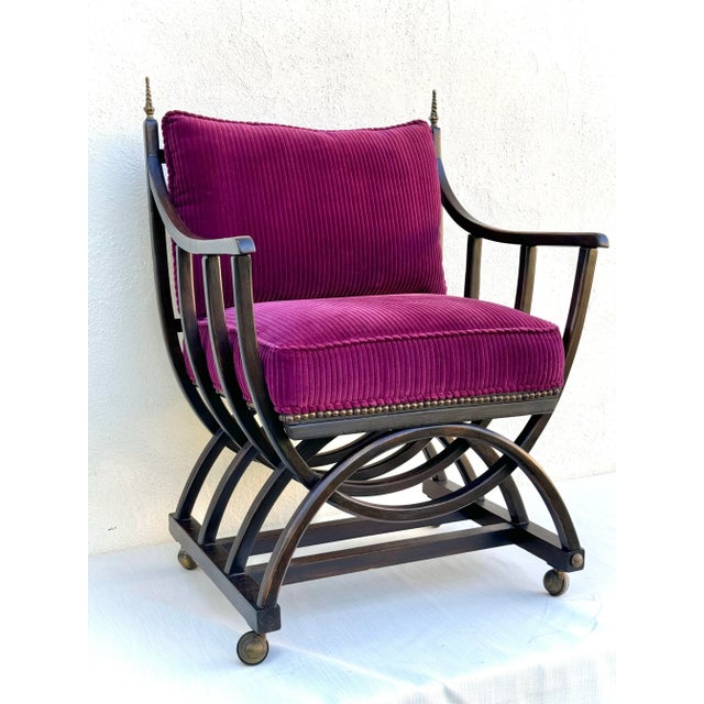 Spanish Revival Vintage Occasional Chair: Ebonized Wood W/New Upholstery. Savonarola Style, on Castors, Textile: Performance Magenta Corduroy Velvet. For Sale - Image 3 of 11