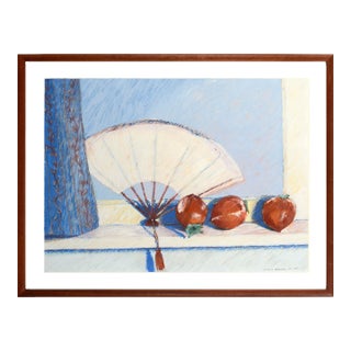 Hachiya Persimmons & Fan, Modern Still Life With Red-Orange and Blue by Anita Heckman For Sale