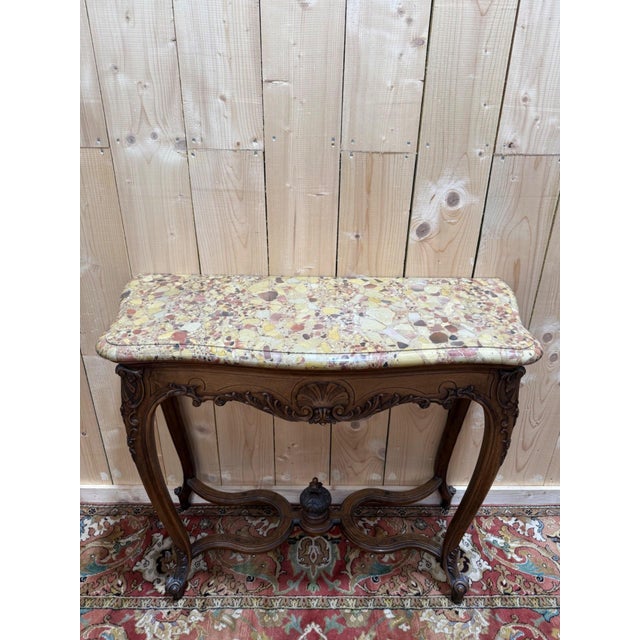 Louis XV Console Table in Carved Walnut with Breccia Marble Top, 1920s For Sale - Image 4 of 7