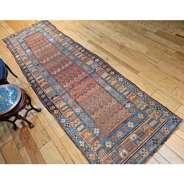 19th Century Kurdish Wide Runner Rug, Hand-Knotted Wool, Allover Paisley Pattern, Terracotta & Blue, 4x12 For Sale In Chicago - Image 6 of 15