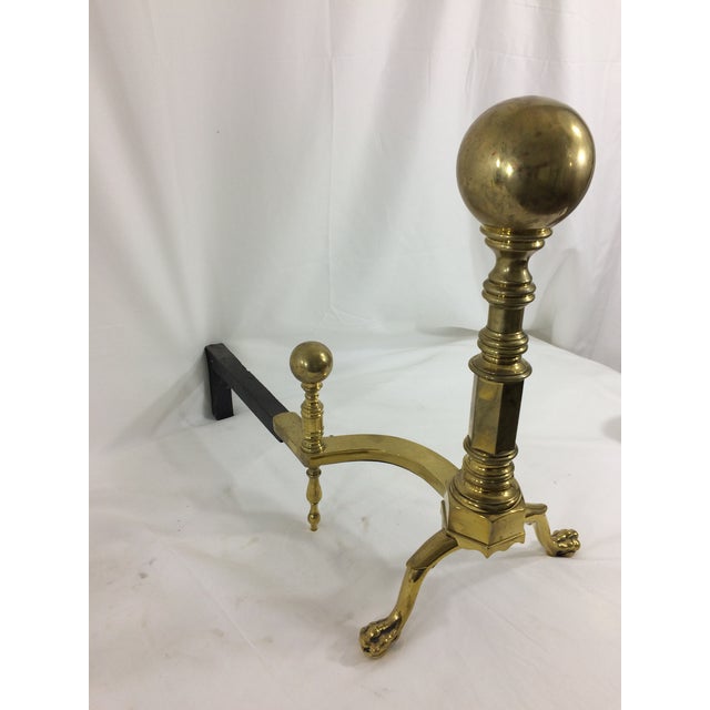 Brass Cannonball Andirons - A Pair For Sale - Image 5 of 8