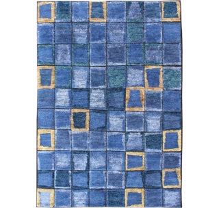 Piled Modern Scandinavian/Swedish Geometric Design Rug in Blues and Gold Color For Sale