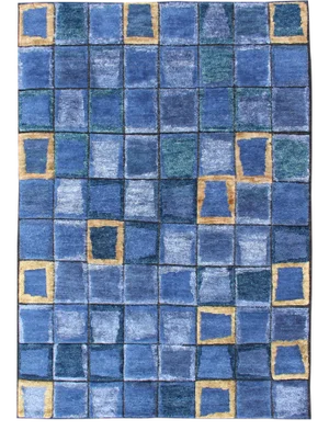 Piled Modern Scandinavian/Swedish Geometric Design Rug in Blues and Gold Color
