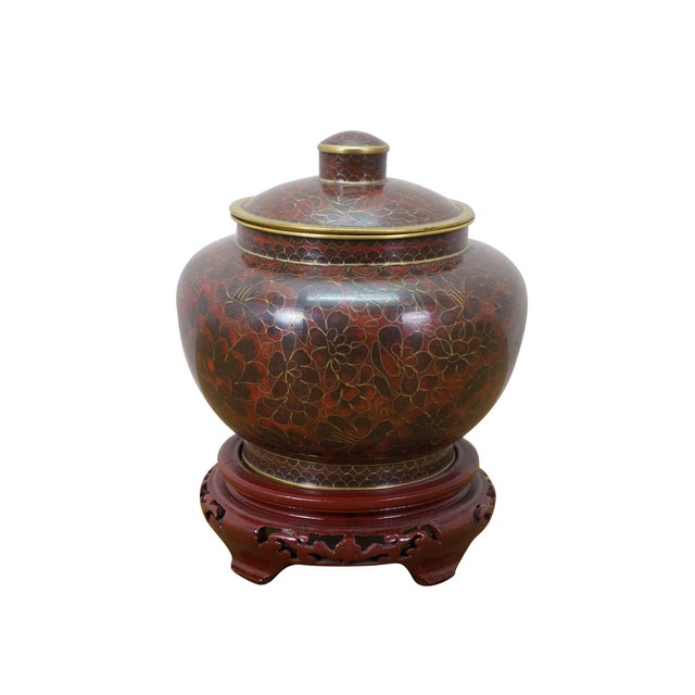 Vintage Chinese cloisonné ginger / tobacco jar / mantel urn featuring a red and black floral design with gold-colored...