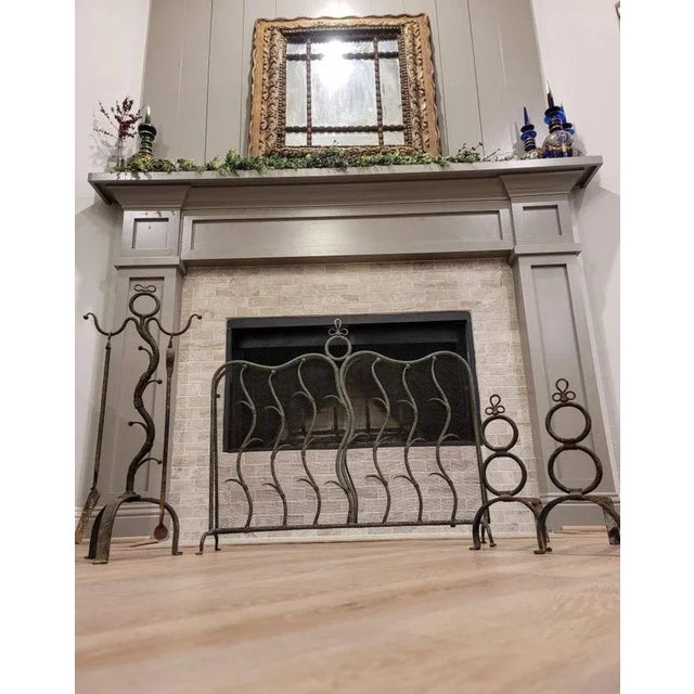 Art Deco Antique French Art Deco Period Wrought Iron Fireplace Set - Tools Andirons Firescreen For Sale - Image 3 of 11