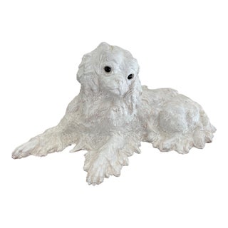 Antique French Faience Normandy Terracotta White Bavent Spaniel Dog For Sale