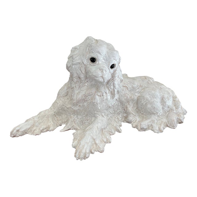 Antique French Faience Normandy Terracotta White Bavent Spaniel Dog For Sale
