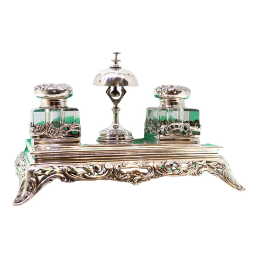 Cut Silver Inkwell with Glass Tanks and Bell | Chairish