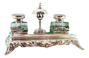Cut Silver Inkwell with Glass Tanks and Bell