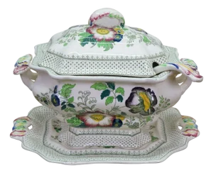 Antique Masons Ironstone Paynsley Soup Serving Tureen W Ladle & Underplate - 3 pcs