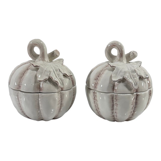 Pair of 1980s Mikasa Pumpkin Bowls, White Country Side Harvest” White Lidded Bowls For Sale