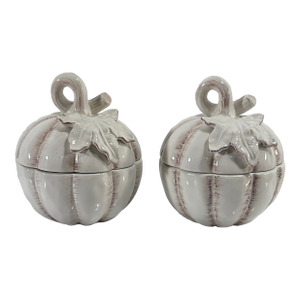Pair of 1980s Mikasa Pumpkin Bowls, White Country Side Harvest” White Lidded Bowls