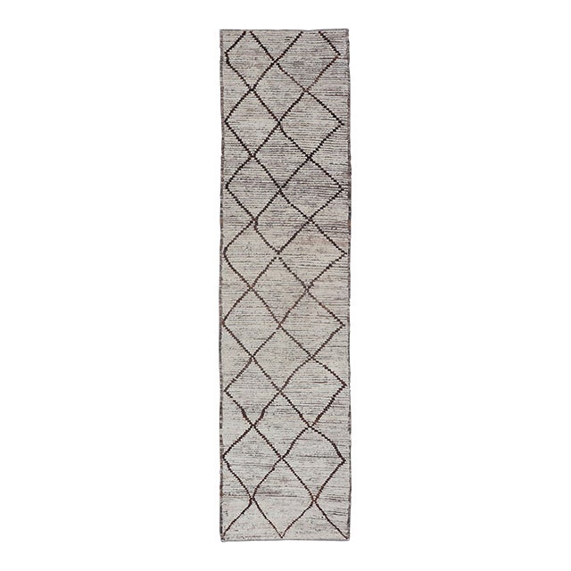 Modern Long Runner in Distressed Moroccan Design in Off White and Brown Diamonds** For Sale