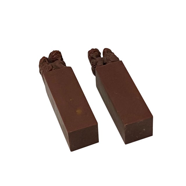 Brown Pair Chinese Soap Stone Carved Foo Dogs Seal Stamp Display For Sale - Image 8 of 8