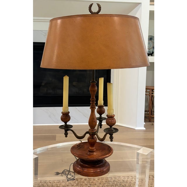 Vintage Italian Turned Wood Three-Arm Candelabra / Bouillotte Lamp MAKER'S MARK: "Made in Italy" on bottom CIRCA: Mid-20th...