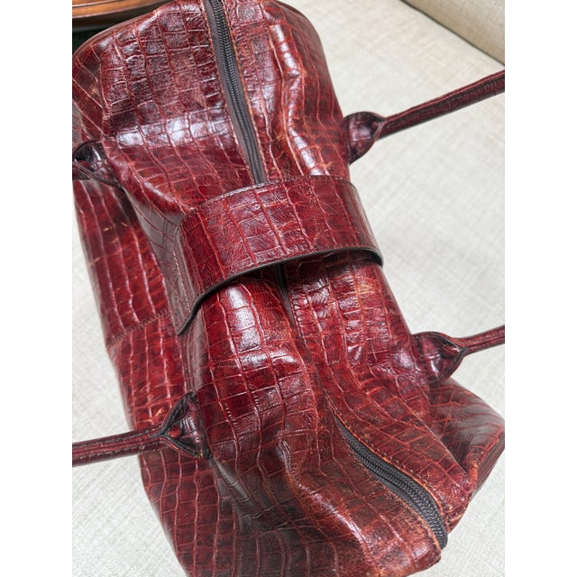Embossed Crocodile Travel Satchel Bag, Maroon For Sale - Image 13 of 13