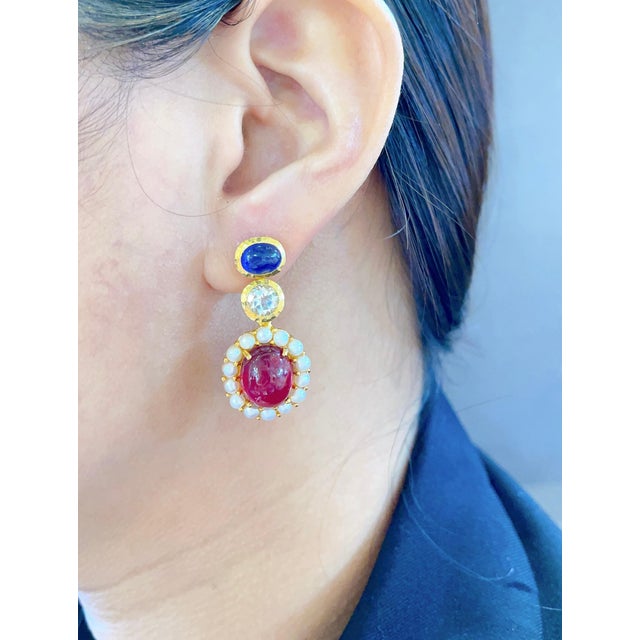 Bochic "Capri" Vintage Candy Natural Ruby and Sapphire Drop Earrings 18K, Silver Bochic Drop Earrings Ruby Natural /...