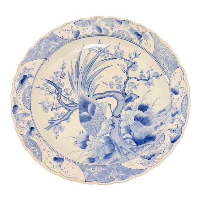 19th Century Japanese Hand-Painted Blue and White Porcelain Charger With Roosters For Sale