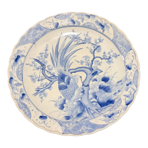 19th Century Japanese Hand-Painted Blue and White Porcelain Charger With Roosters