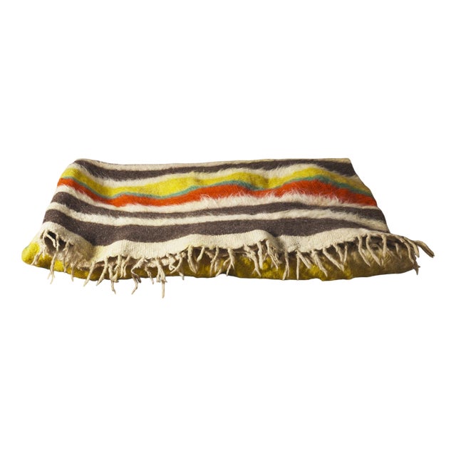 Vintage Folk Art Portuguese Wool Blanket Cobertor De Papa Striped Textile Rustic Bed Throw, 1950s For Sale