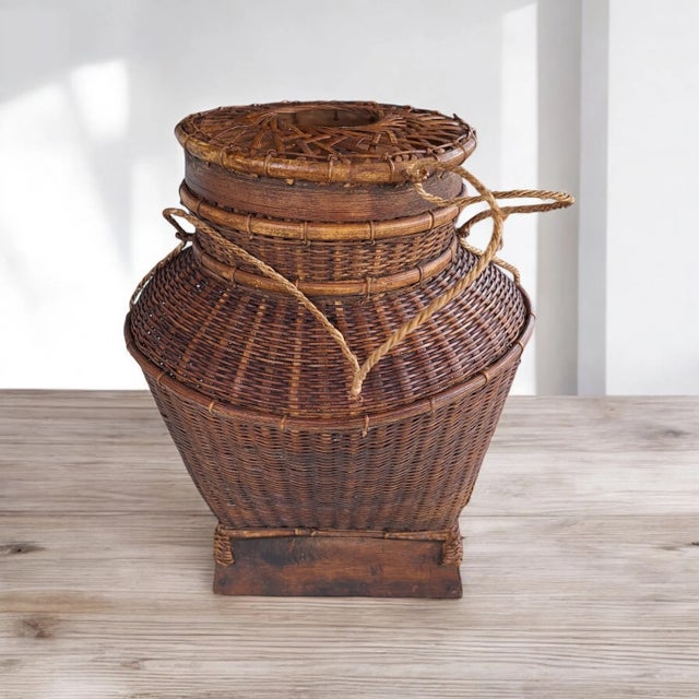 1960s Handwoven Thailand Storage Basket with Lid. Basket shows aged patina. Made by the native people in Thailand to store...