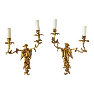 Vintage Chinoiserie Dore Bronze Wall Sconces-a Pair For Sale