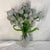 This is a delicate handcrafted French beaded flower bouquet featuring iridescent white and pale blue petals with vibrant...