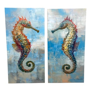 Vintage Seahorse Diptych Painting - Set of 2 For Sale