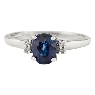 14k White Gold 1.85Ct Natural Oval Blue Sapphire & Diamond Engagement Ring Size 5 For Sale