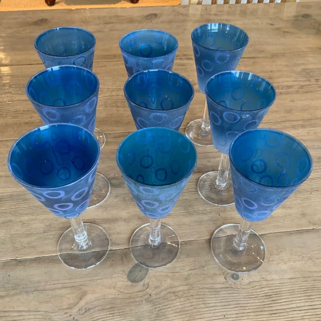 1970s Vintage Murano Blue Raised Circle Wineglasses Attributed to Mario Badioli - Set of 9 For Sale - Image 5 of 10