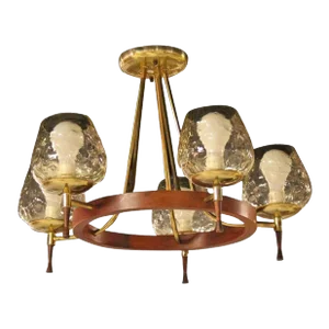 Brass & Walnut Danish Modern Five-Light Champagne Glass Shades Chandelier