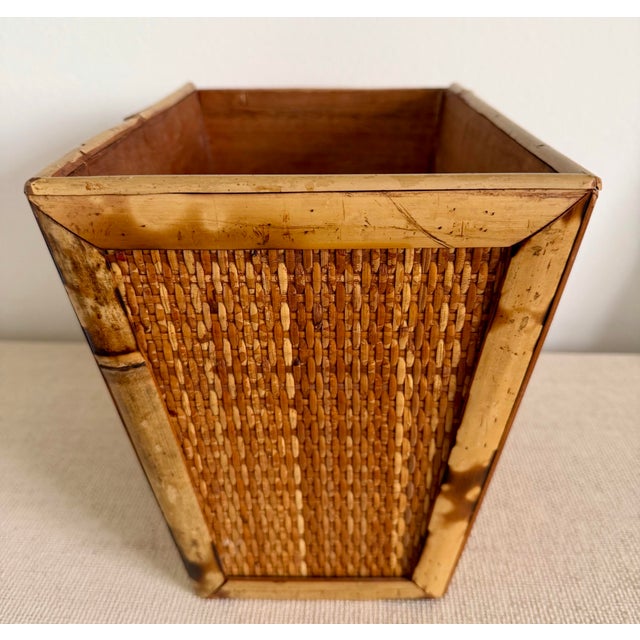 Burnt Tortoise Bamboo Woven Rattan Wastebasket For Sale - Image 4 of 9