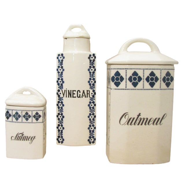 German Art Deco Blue & White Ironstone Canisters, S/3 For Sale