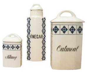 German Art Deco Blue & White Ironstone Canisters, S/3