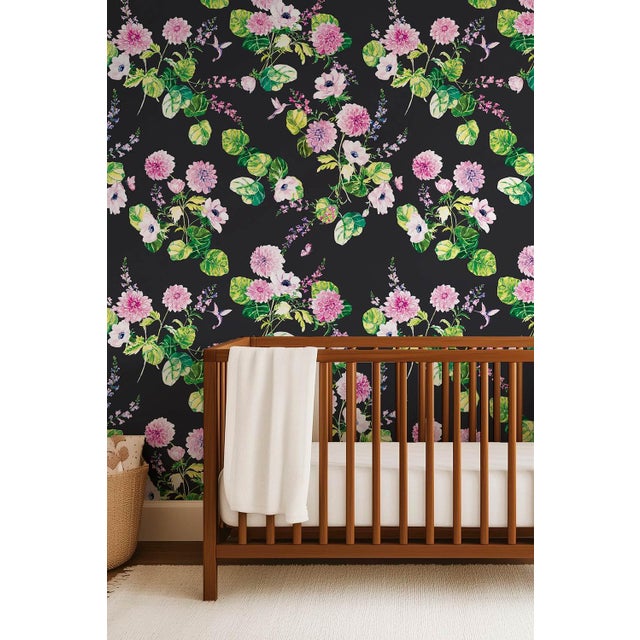 Not Yet Made - Made To Order Chirp Society Floral Grasscloth Wallpaper by House Party | Midnight Black | 8 Yards For Sale - Image 5 of 7