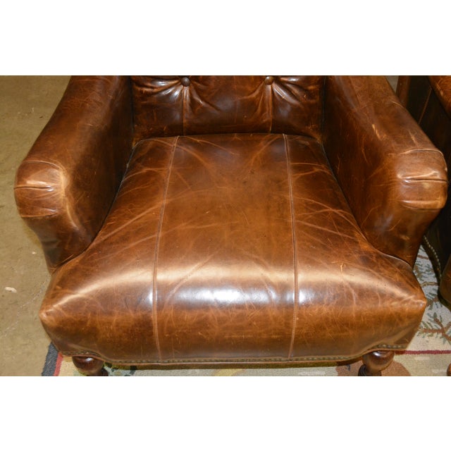 Wood 1990s Pair Tufted Back Brown Leather Arm Club Chairs High Back - English Library / Cigar Lounge For Sale - Image 7 of 17