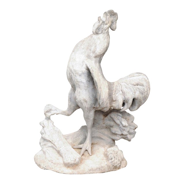 French Painted Lead Lifesize Crowing Rooster Sculpture on Base, circa 1920 For Sale