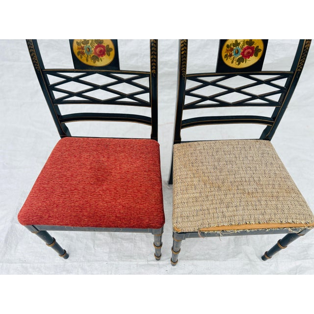 50's Regency Style Painted Black Chinoiserie Set of 2 Chairs For Sale - Image 9 of 12